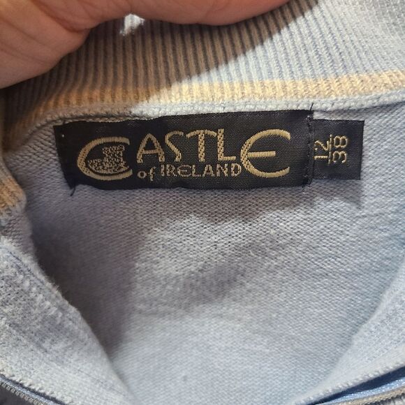 Castle of Ireland Zip front sweater. Baby blue. SZ 12 - Picture 3 of 8